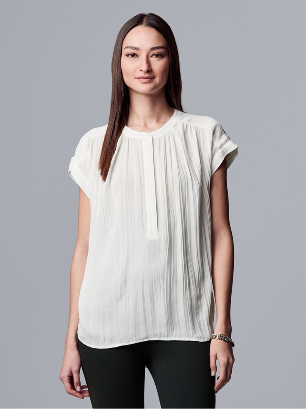 Simply Vera Vera Wang White Pleated Short-Sleeve Blouse